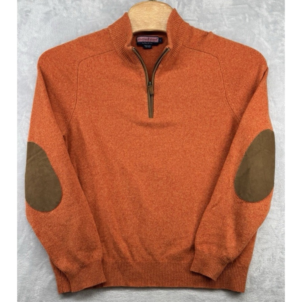 Vineyard Vines 1/4 Zip Sweater 100% Wool Orange Suede Elbow Patch Men's L READ